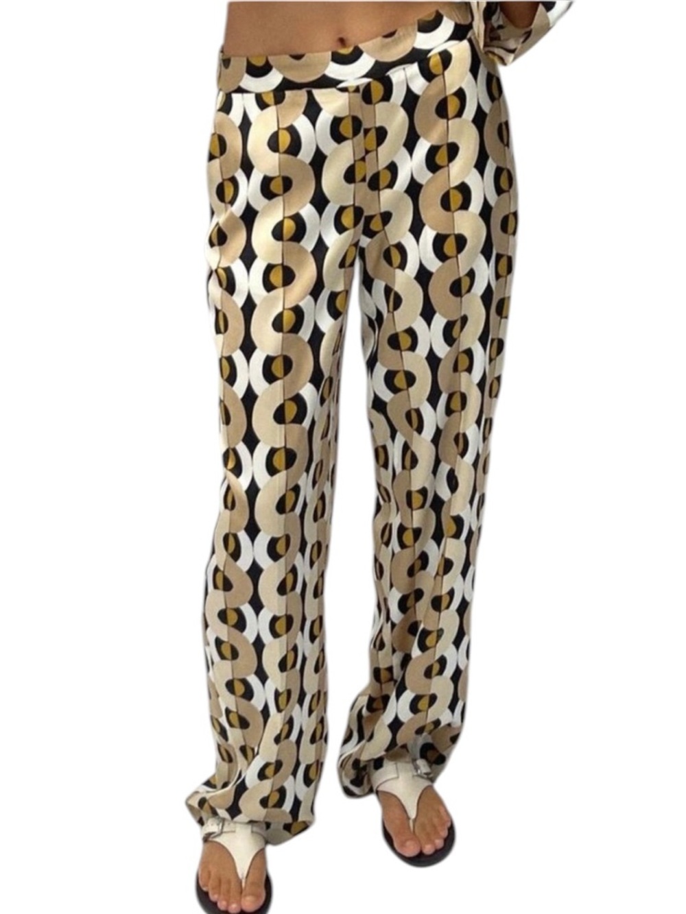 Zara Black Tan Geometric Print Satin Effect Pants - L